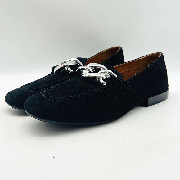 Donald Pliner Shoes Womens 7.5 Black Suede Loafer Chain Casual Chunky Bristol - Picture 2 of 12